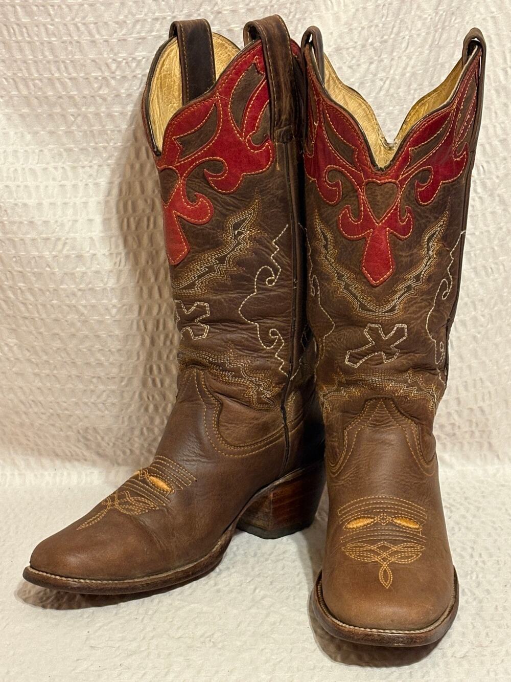Stephy Boots Handcrafted Mexico Brown Leather Red Trim Women’s Boots Size 6